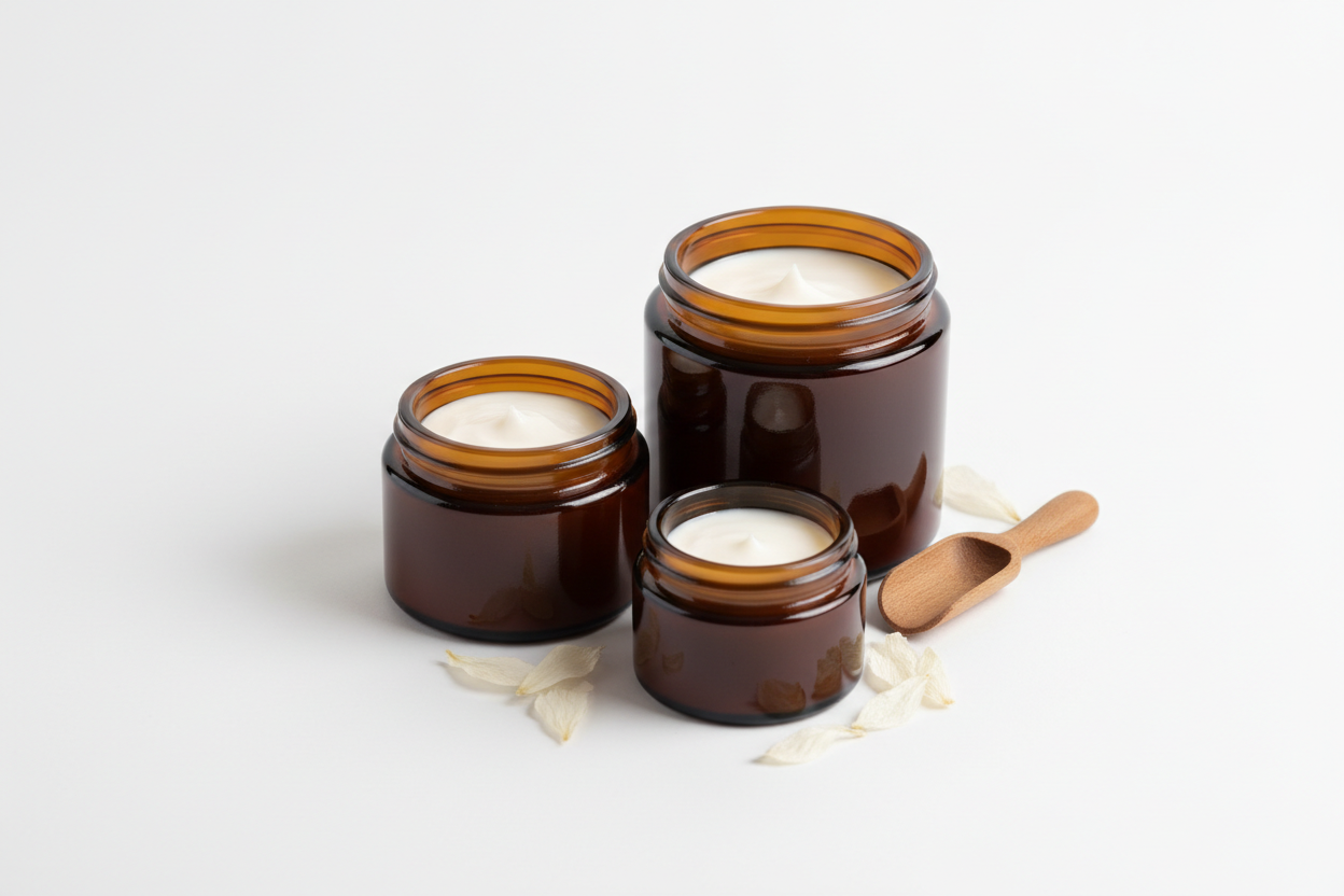 organic lotion in dark amber jars with no label